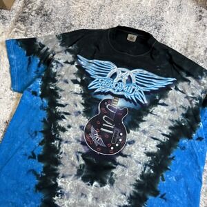 Liquid Blue Aerosmith Tie Dye Graphic T-Shirt Mens Blue Black Guitar Rock Tee